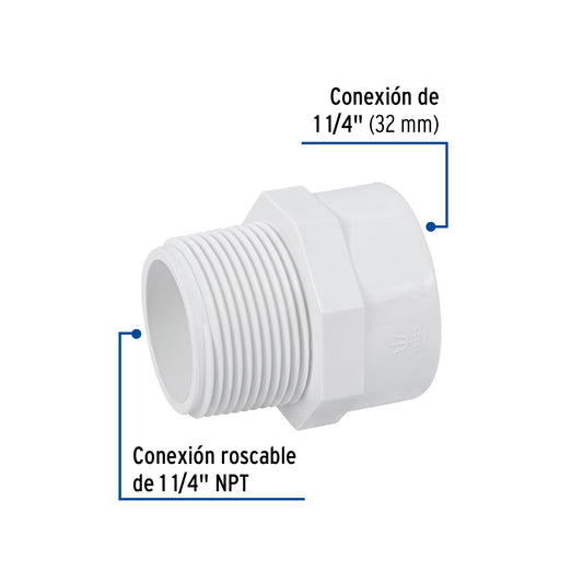 Adaptador macho de PVC cédula 40 de 1 1/4 pulgadas con rosca NPT