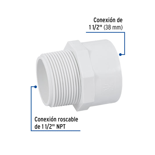 Adaptador macho de PVC cédula 40 de 1 1/2 pulgadas con rosca NPT