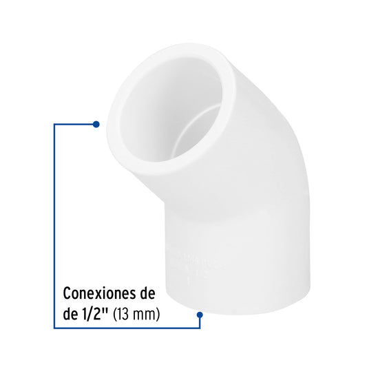 Codo de PVC de 1/2 pulgada a 45 grados
