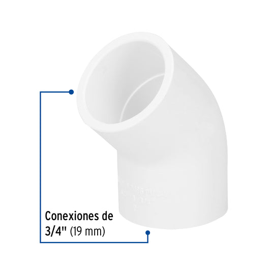Codo de PVC de 3/4 pulgada a 45 grados