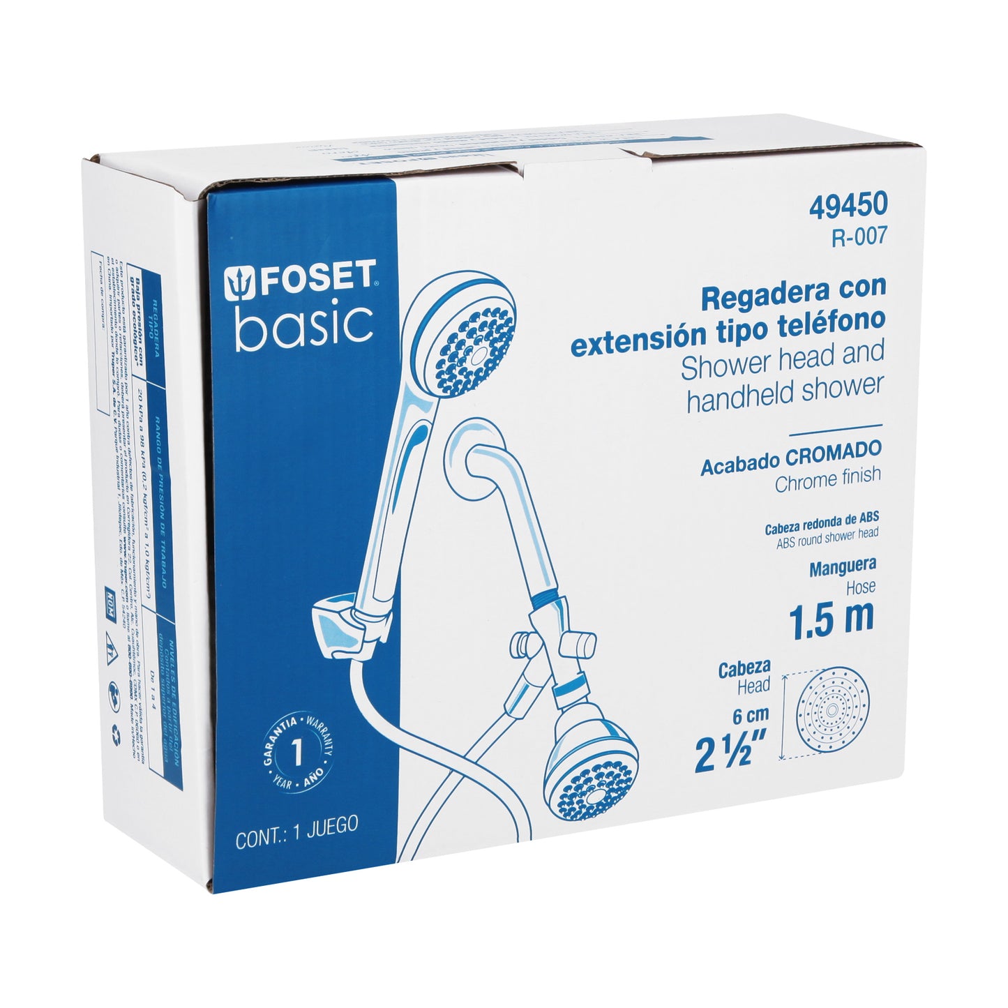 Regadera de 2-1/2" con brazo tipo teléfono y manguera de 1.5 m