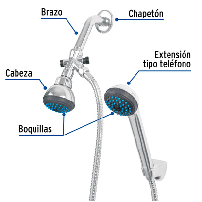 Regadera de 2-1/2" con brazo tipo teléfono y manguera de 1.5 m