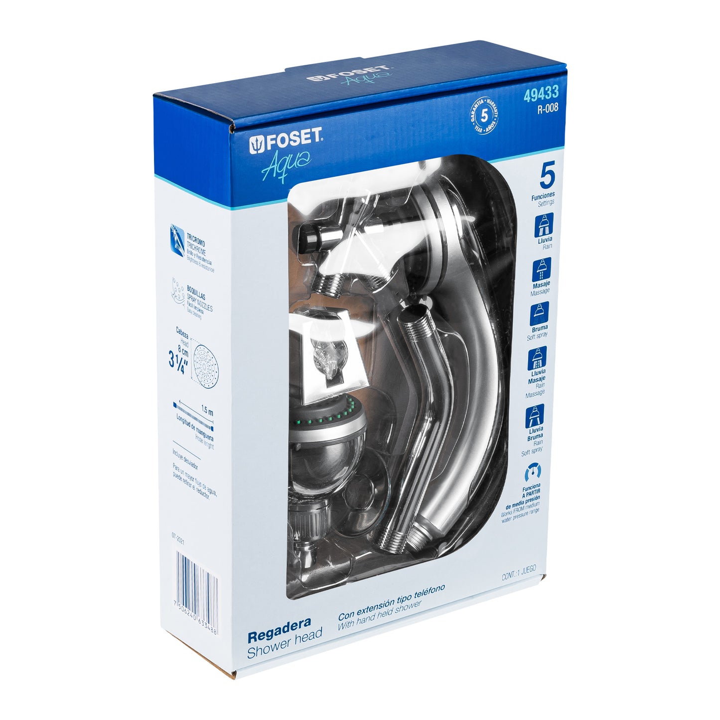 Regadera doble fija y teléfono de 3-1/4" con 5 funciones