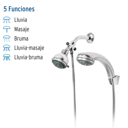 Regadera doble fija y teléfono de 3-1/4" con 5 funciones
