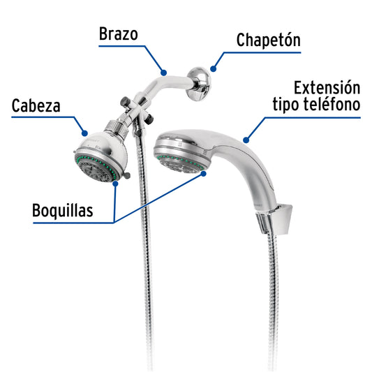 Regadera doble fija y teléfono de 3-1/4" con 5 funciones