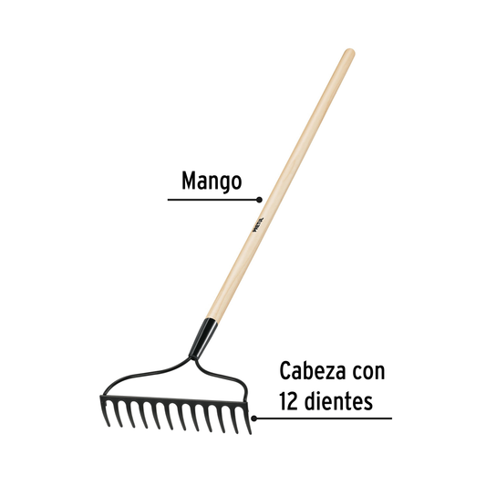 Rastrillo jardinero de 12 dientes con mango de 48 pulgadas