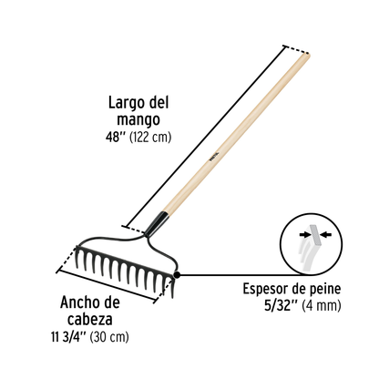 Rastrillo jardinero de 12 dientes con mango de 48 pulgadas