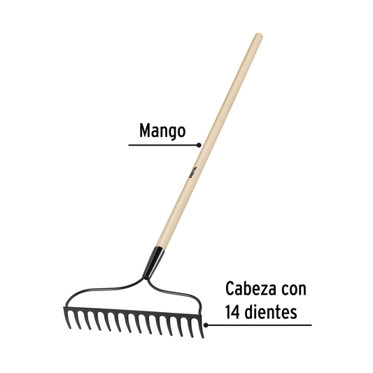 Rastrillo jardinero de 14 dientes con mango de 48 pulgadas