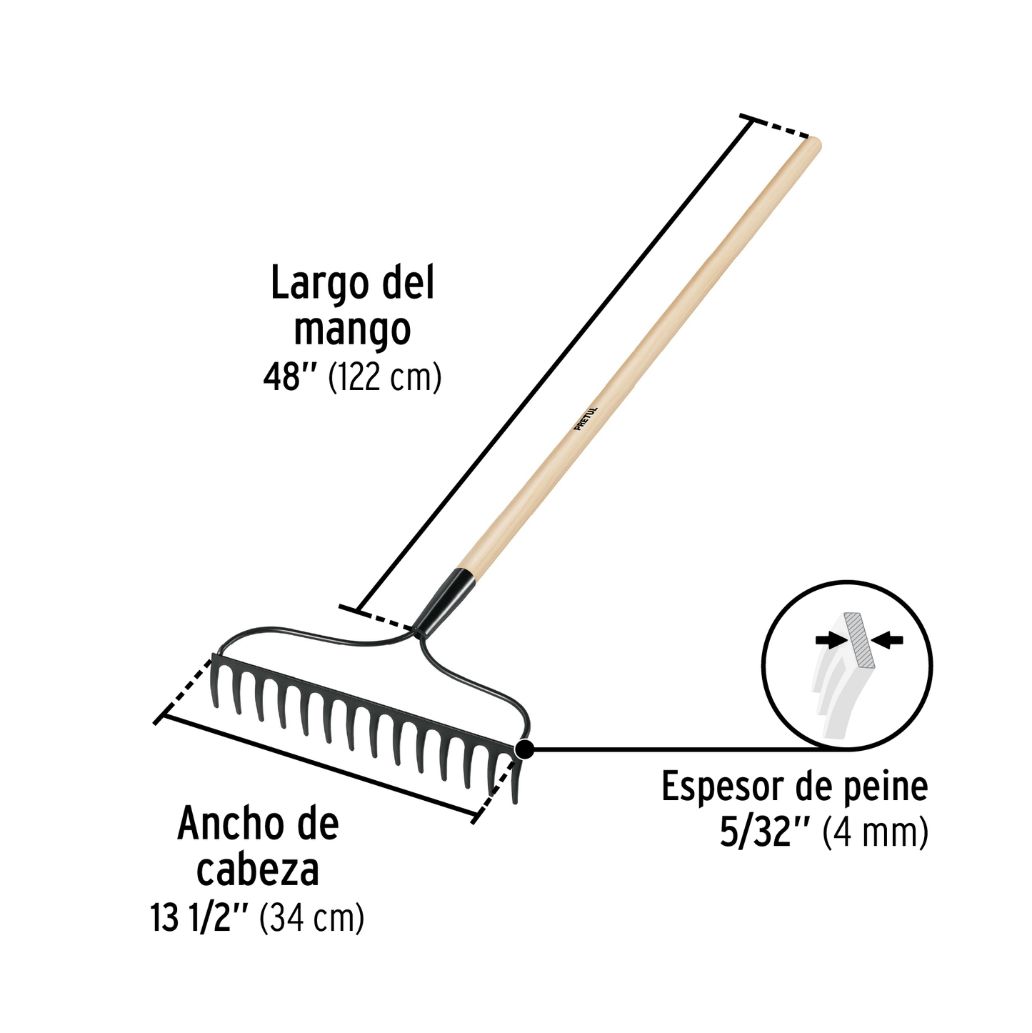 Rastrillo jardinero de 14 dientes con mango de 48 pulgadas