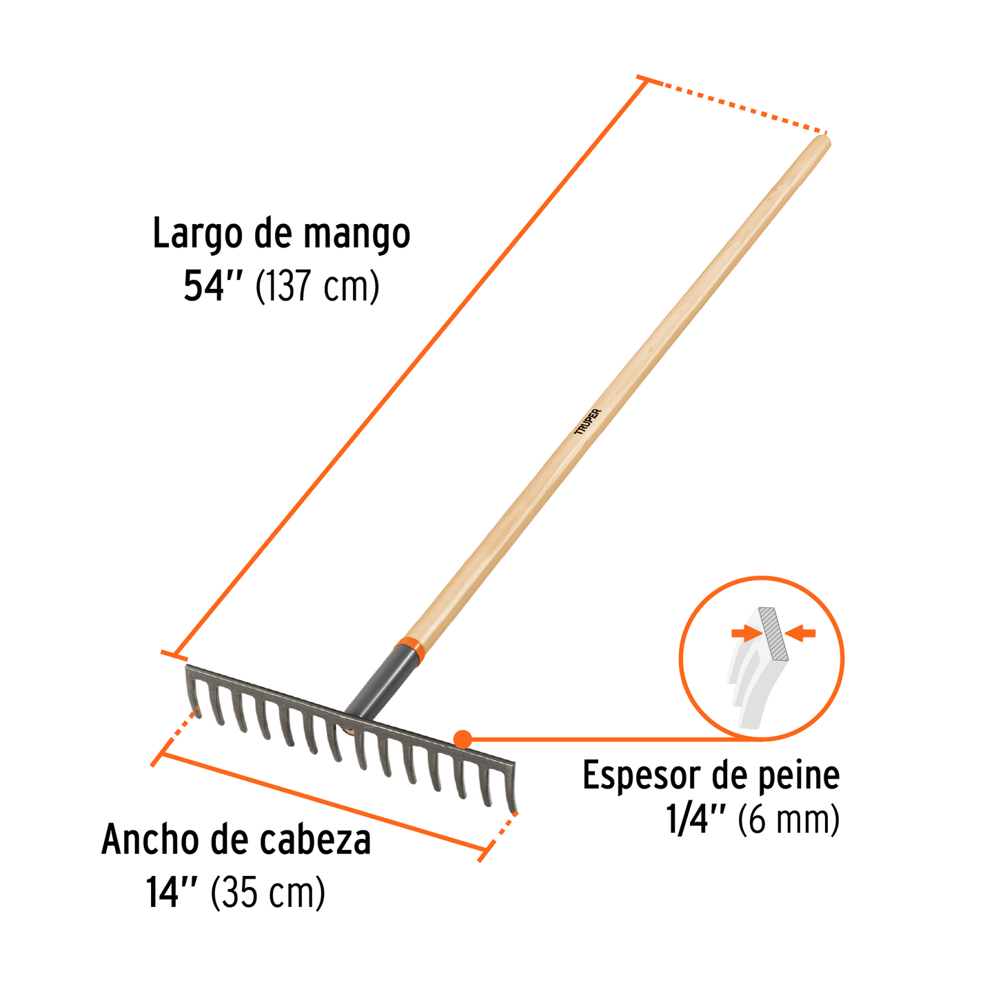 Rastrillo recto de 14 dientes con mango de 54 pulgadas