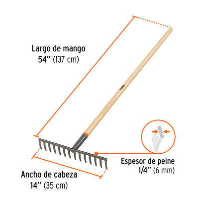 Rastrillo recto de 14 dientes con mango de 54 pulgadas