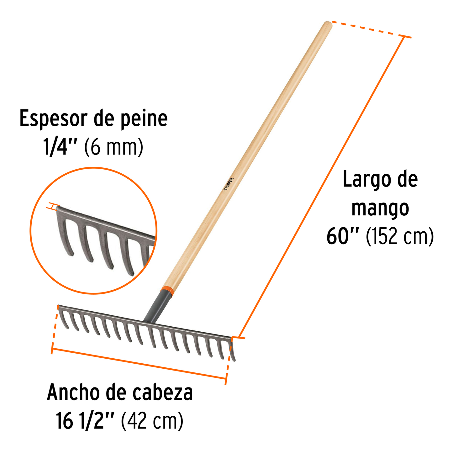 Rastrillo recto de 16 dientes con mango de 60 pulgadas