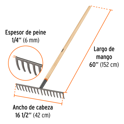 Rastrillo recto de 16 dientes con mango de 60 pulgadas