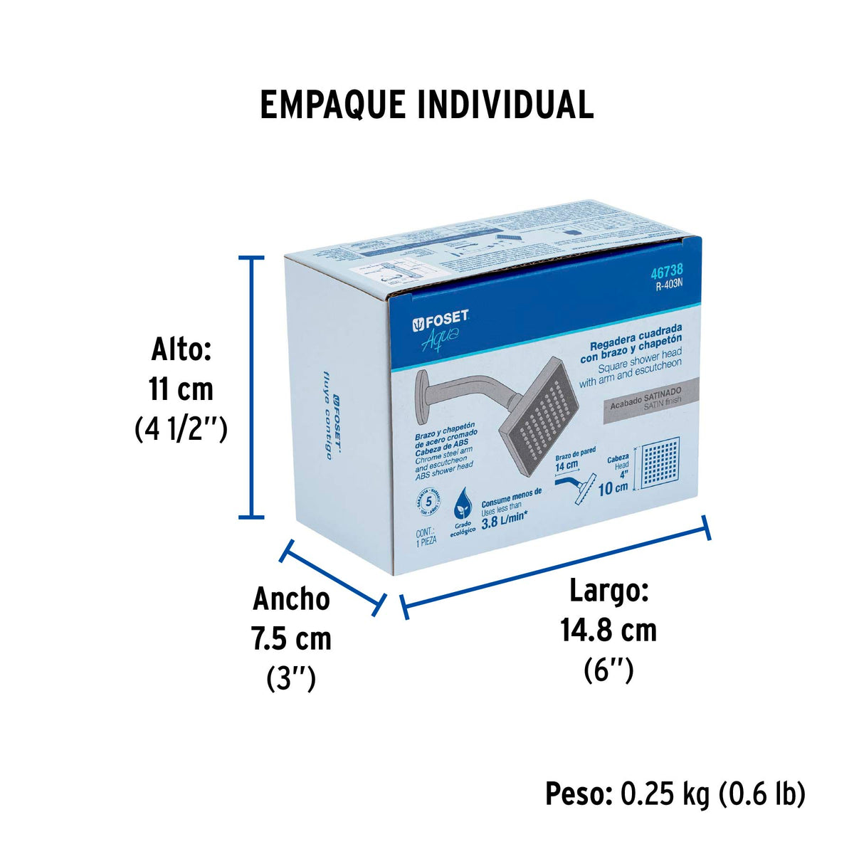 Regadera cuadrada 4", ABS, con brazo y chapetón, satín, AQUA · vista 7