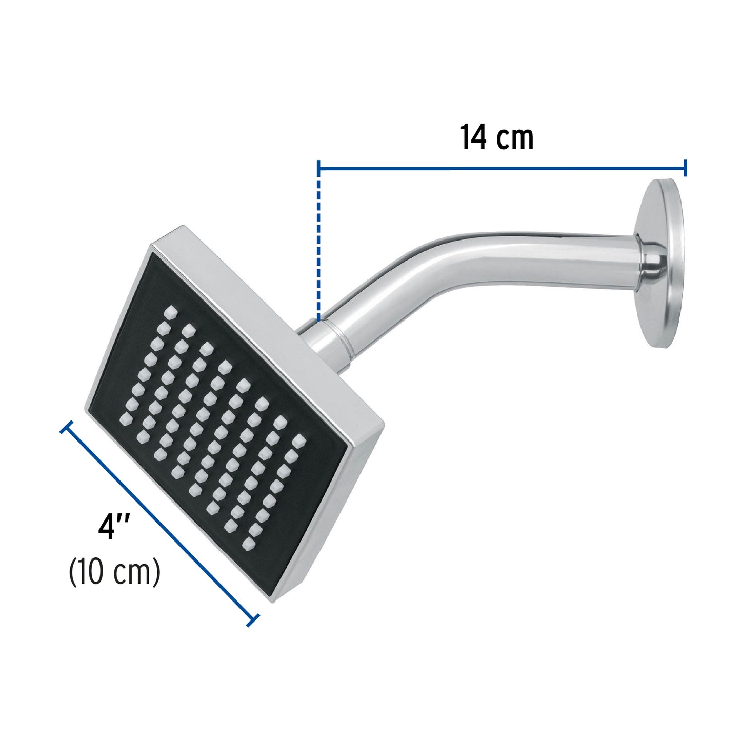 Regadera cuadrada de 4" en ABS con brazo y chapetón cromados