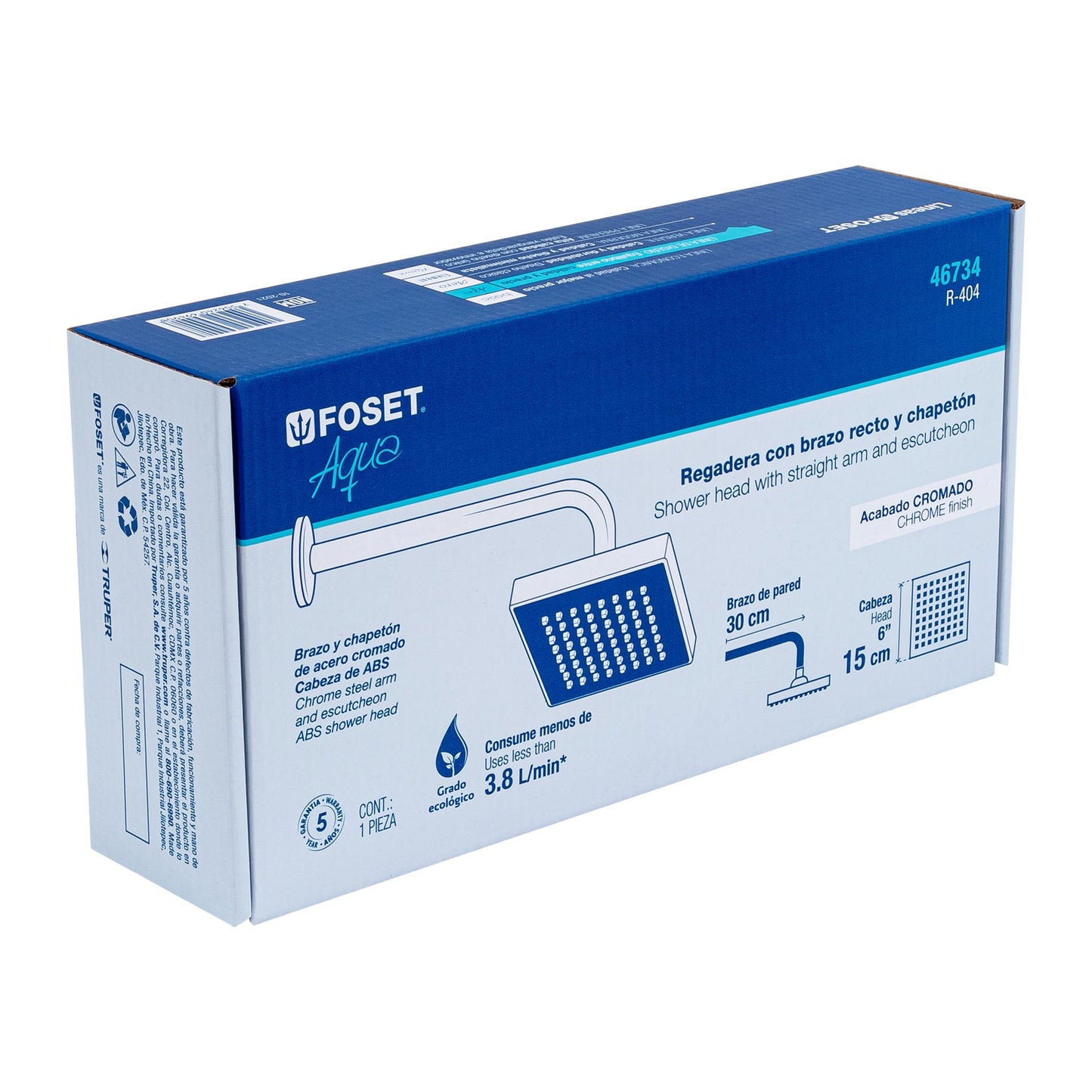 Regadera cuadrada de 6" en ABS con brazo y chapetón cromados