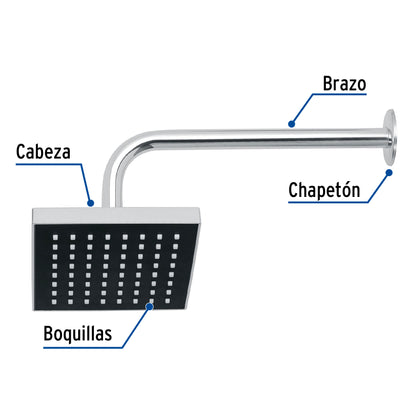 Regadera cuadrada de 6" en ABS con brazo y chapetón cromados