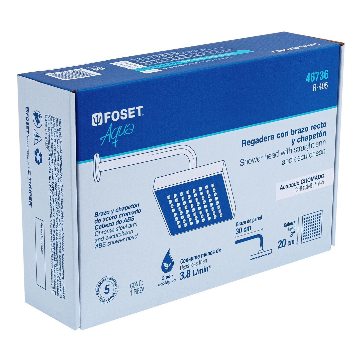 Regadera cuadrada de 8" en ABS con brazo y chapetón cromados