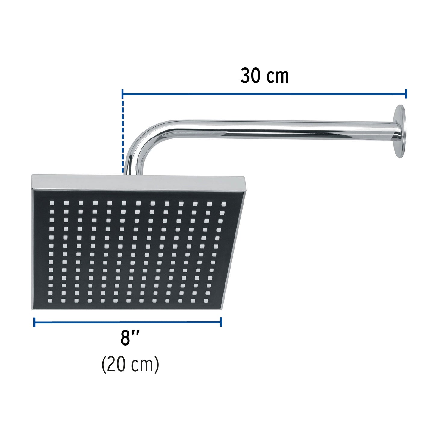 Regadera cuadrada de 8" en ABS con brazo y chapetón cromados