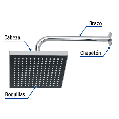 Regadera cuadrada de 8" en ABS con brazo y chapetón cromados