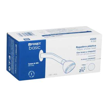 Regadera plástica redonda de 2-1/2" blanca con brazo y chapetón