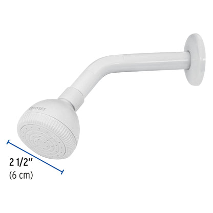 Regadera plástica redonda de 2-1/2" blanca con brazo y chapetón