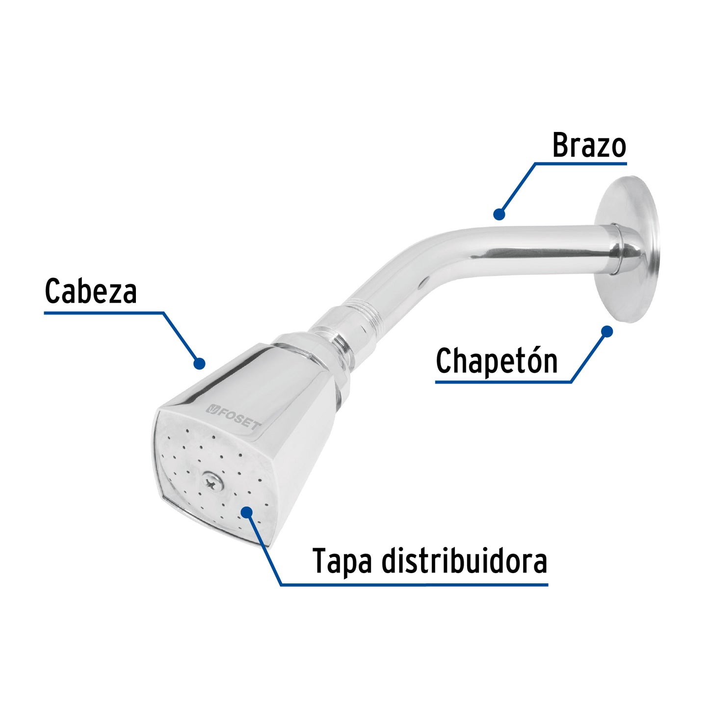 Regadera cuadrada metálica de 2" con brazo y chapetón cromados
