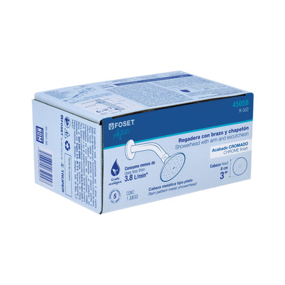 Regadera redonda metálica de 3" con brazo y chapetón cromados