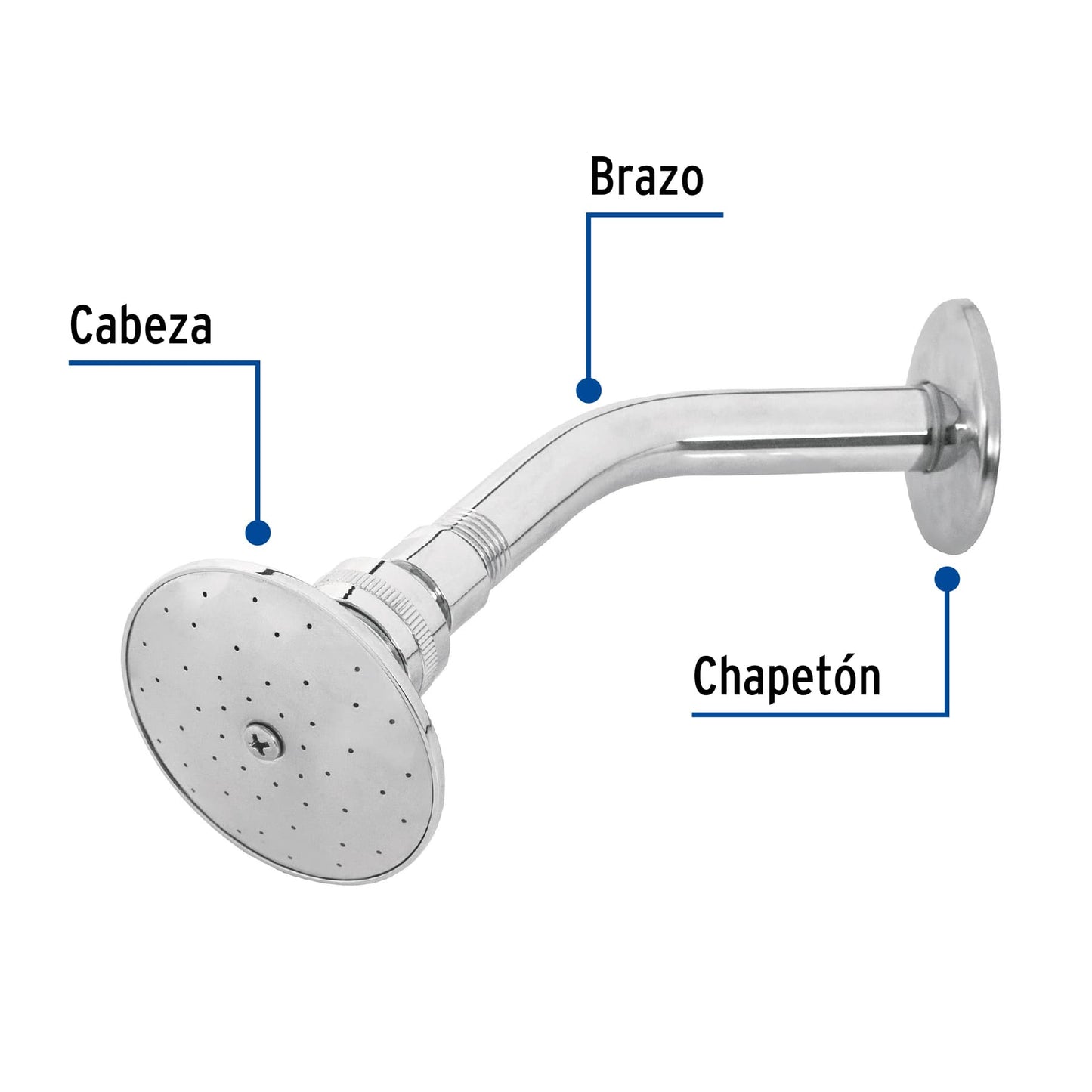 Regadera redonda metálica de 3" con brazo y chapetón cromados