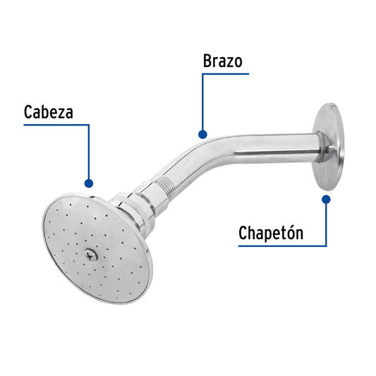 Regadera redonda metálica de 3" con brazo y chapetón cromados