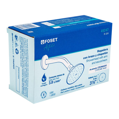 Regadera redonda metálica de 3-1/2" con brazo y chapetón cromados