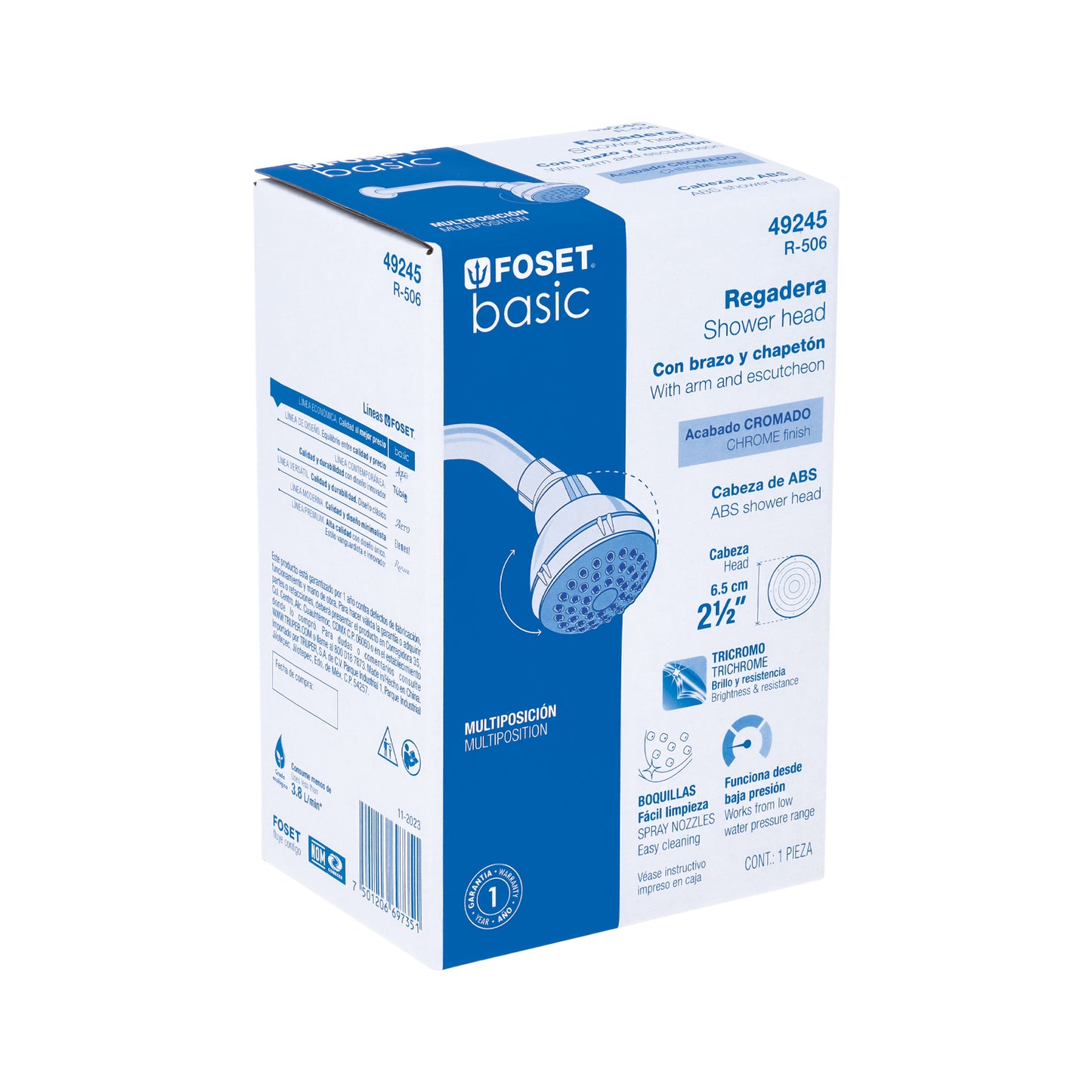 Regadera redonda de 2-1/2" con brazo y chapetón de acero