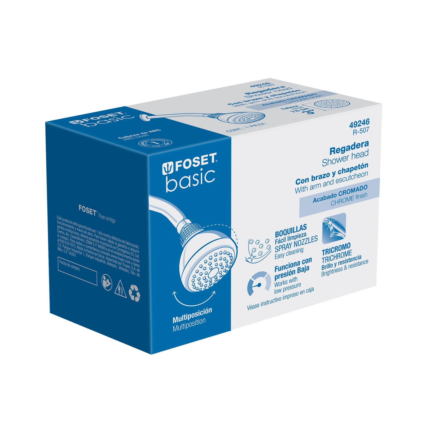 Regadera redonda de 3" con brazo y chapetón de acero