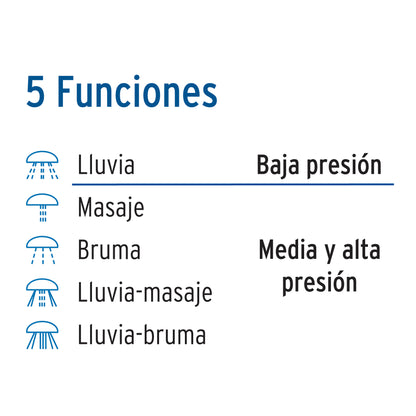 Regadera de 3-1/4" con 5 funciones y brazo cromado