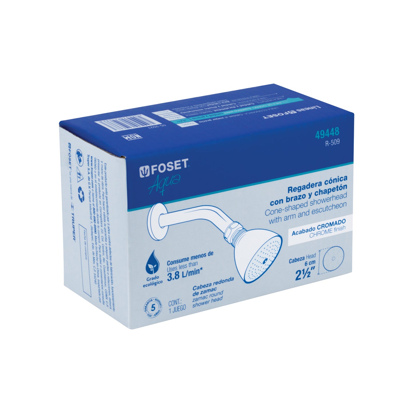 Regadera cónica metálica de 2-1/2" con brazo y chapetón cromados