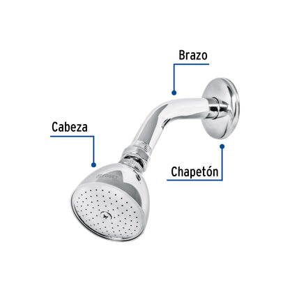 Regadera cónica metálica de 2-1/2" con brazo y chapetón cromados