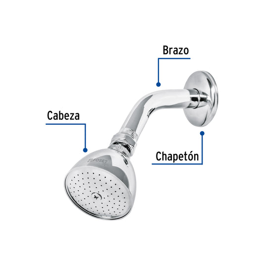 Regadera cónica metálica de 2-1/2" con brazo y chapetón cromados