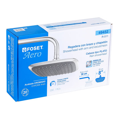 Regadera cuadrada de 8" en ABS con brazo y chapetón cromados