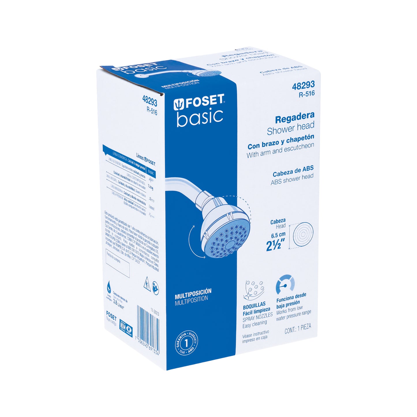 Regadera redonda de 2-1/2" con brazo y chapetón plásticos gris-blanca