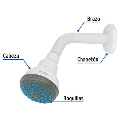 Regadera redonda de 2-1/2" con brazo y chapetón plásticos gris-blanca