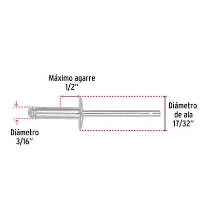 Remaches Aluminio 3/16 x 1/2 Bolsa 50pz