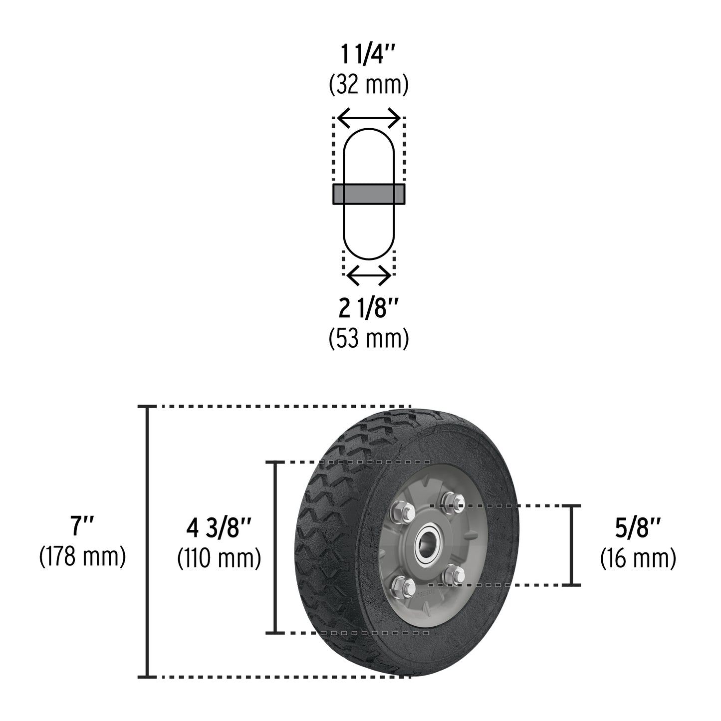 Rueda de hule sólido de 7" para diablo con doble balero