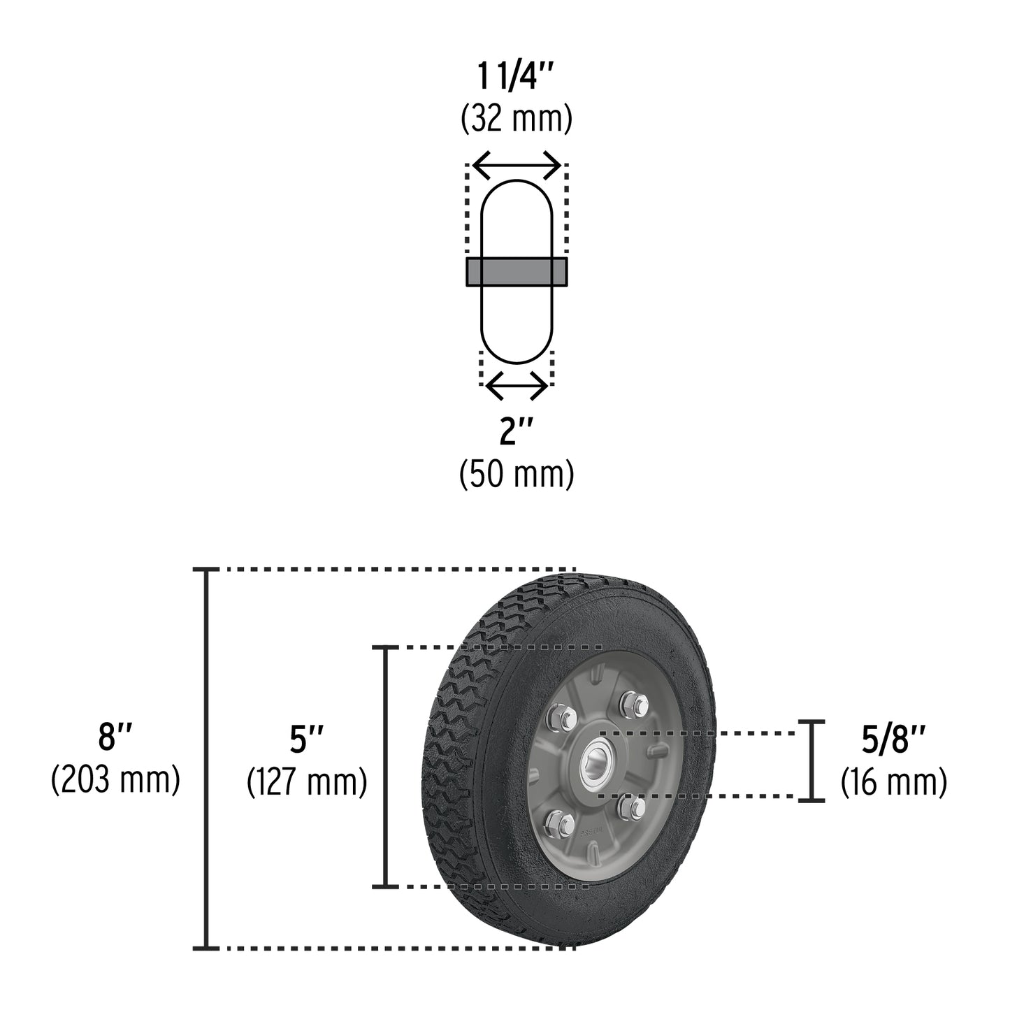 Rueda de hule sólido de 8" para diablo con doble balero