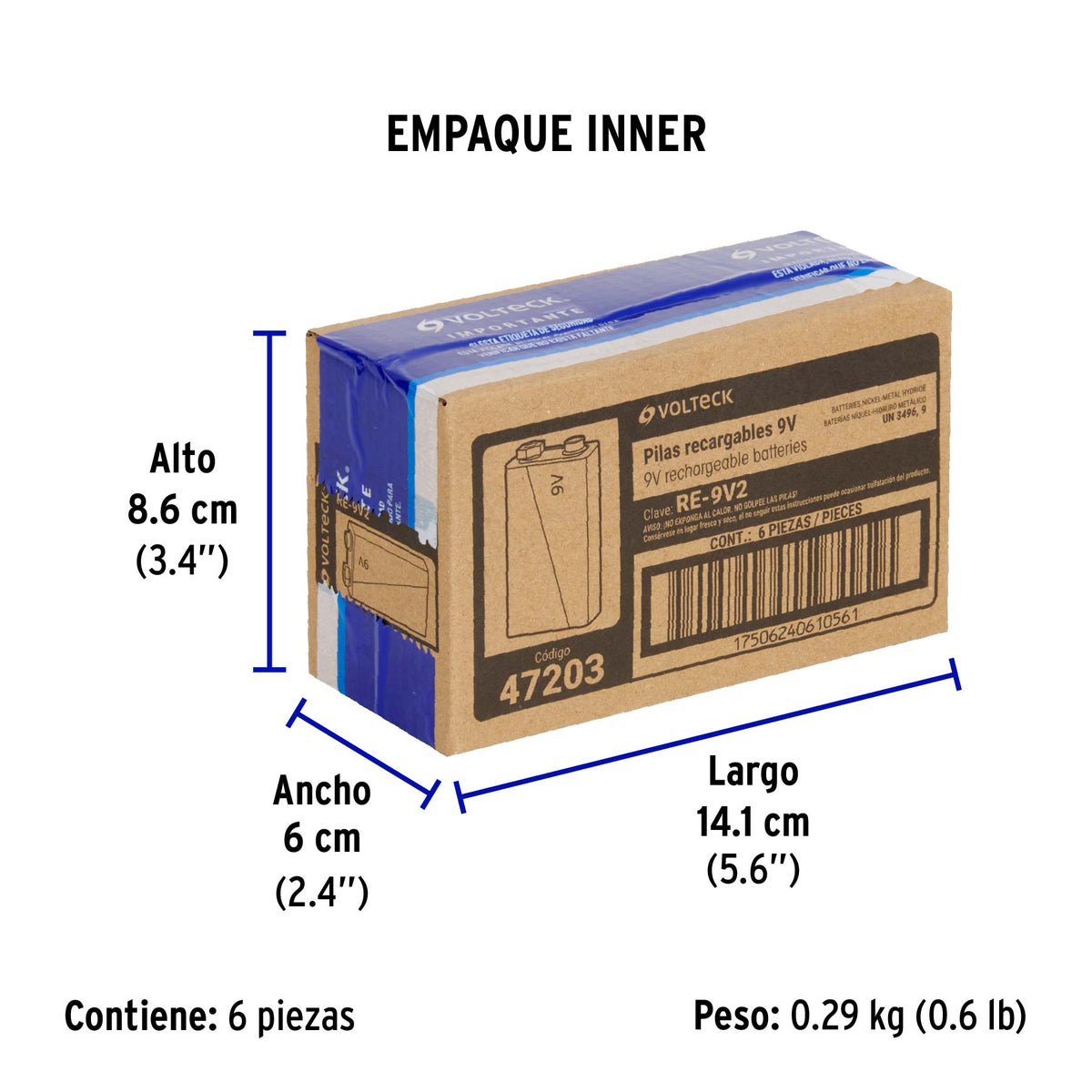 Blíster con 1 pila recargable 9V uso general, 250 mAh · vista 4