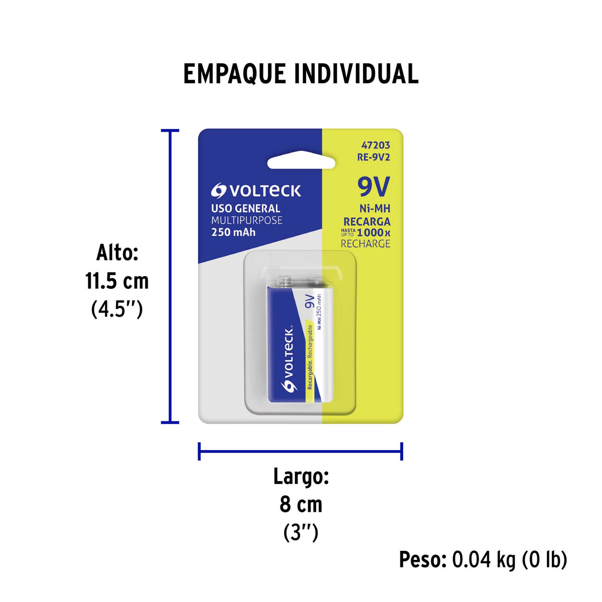 Blíster con 1 pila recargable 9V uso general, 250 mAh · vista 3