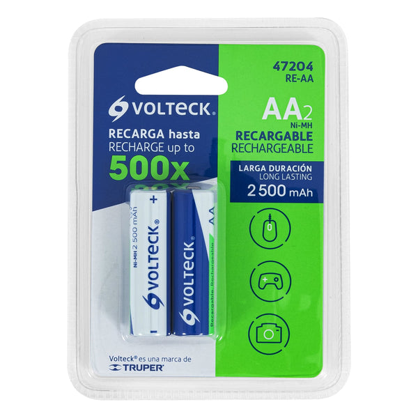 Blíster con 2 pilas recargables AA de larga duración de 2500 mAh