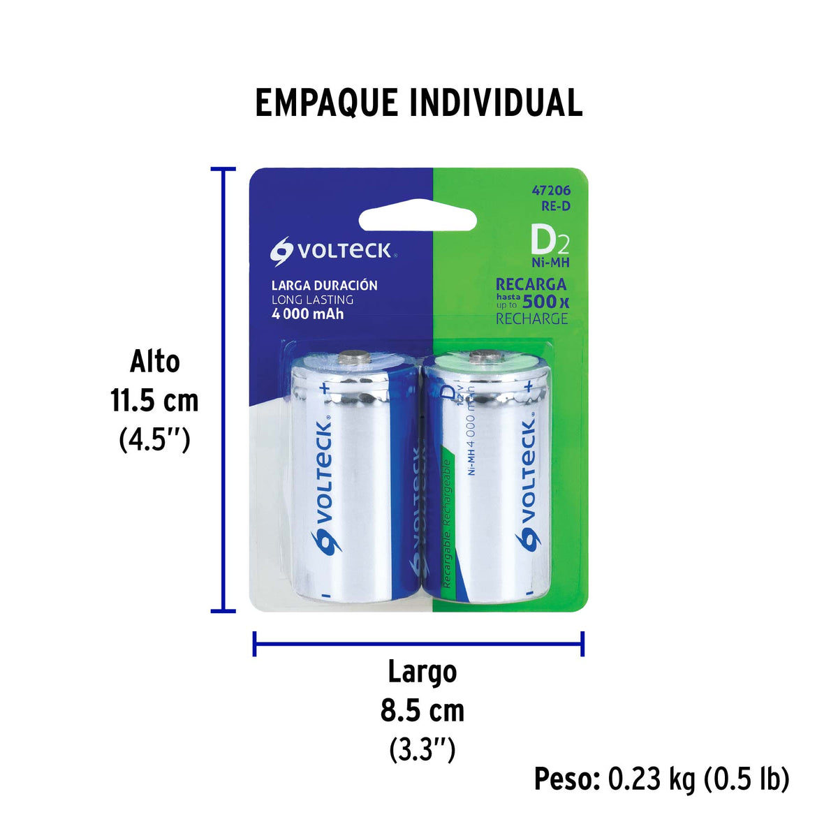 Blíster con 2 pilas recargables D larga duración, 4000 mAh · vista 3