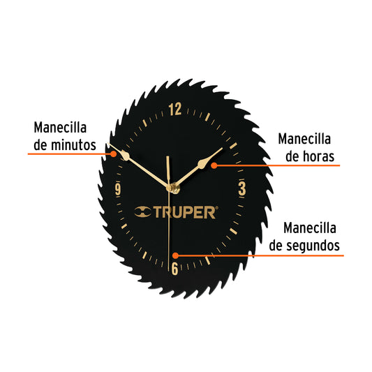 Reloj de pared con diseño de disco sierra y movimiento de cuarzo