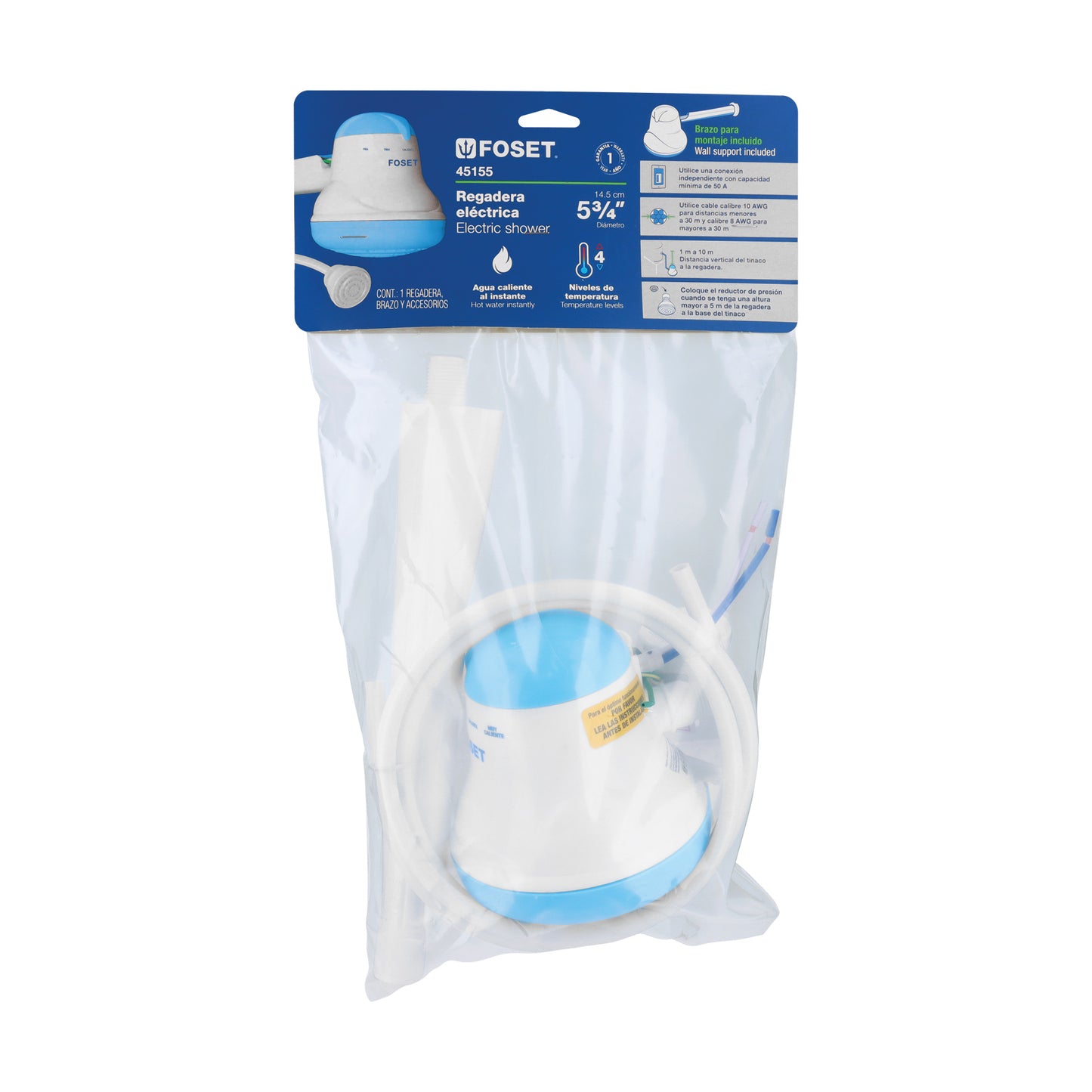 Regadera eléctrica azul de 4 temperaturas con manguera y brazo incluido