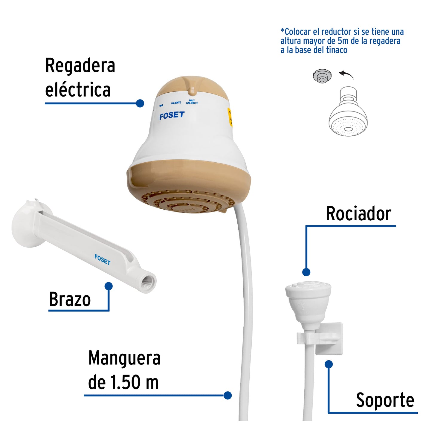 Regadera eléctrica beige de 4 temperaturas con manguera y brazo incluido